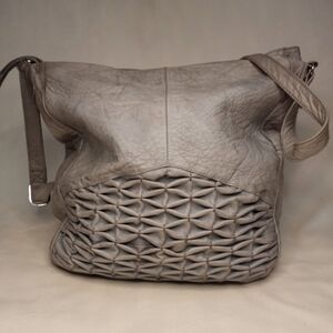 Anthropologie Taupe Leather Hobo with Woven Front Detail